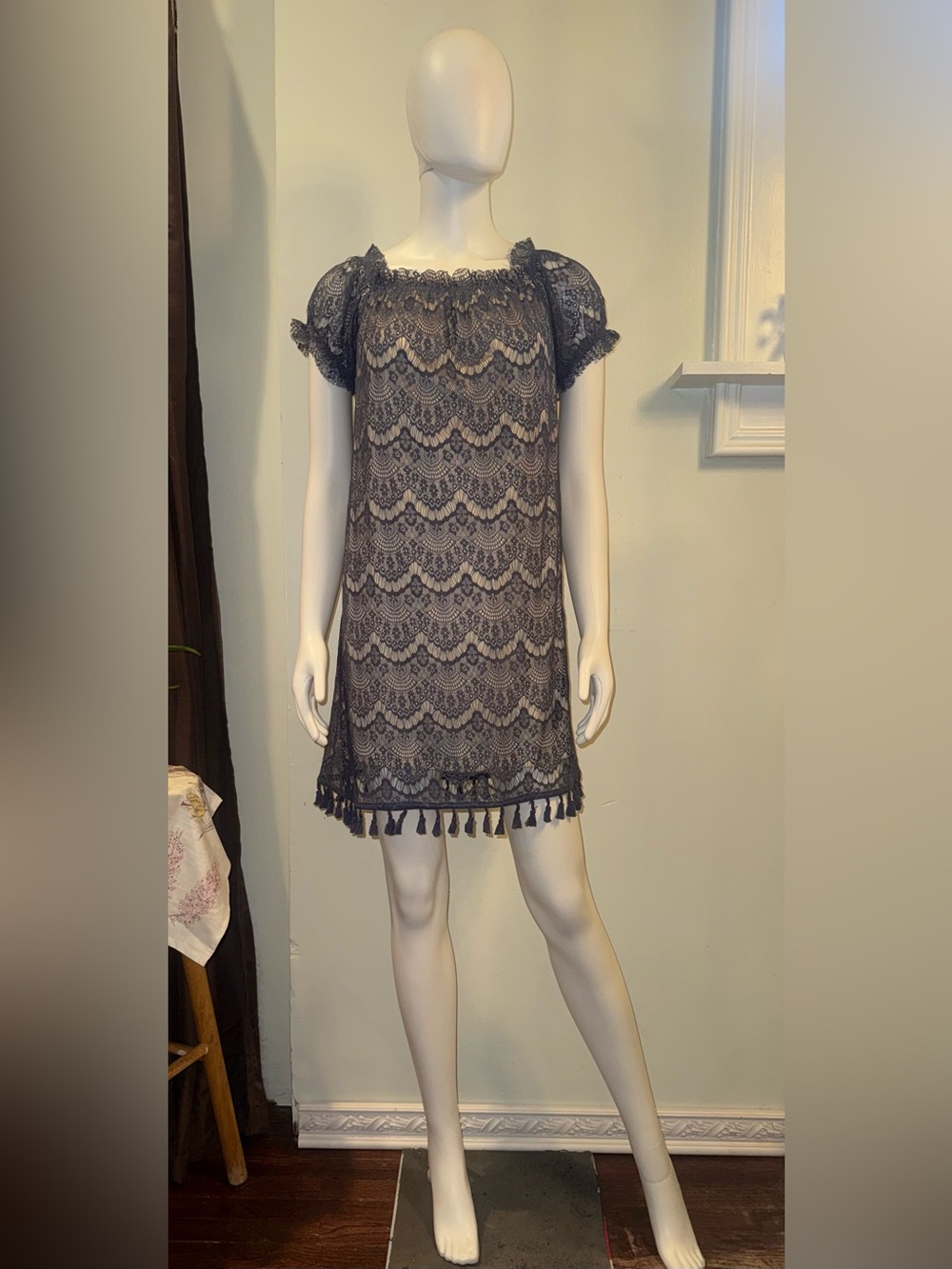 Mason & Belle Lace Tassel-Hem Mini Dress — Charcoal Gray